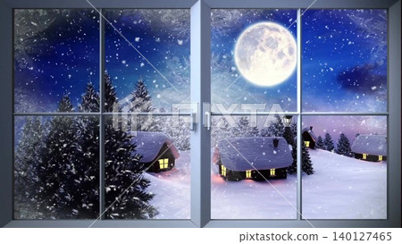 Flat design snowy forest is being shown through 6-pane window, with moonlit cabins, finance theme Flat design snowy forest is being shown through 6-pane window, with moonlit cabins, finance theme 140127465