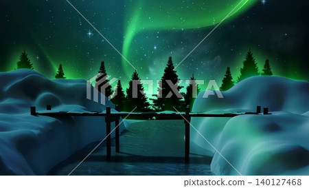 Flat design scene is showing wooden dock spanning icy river under night aurora for nature education Flat design scene is showing wooden dock spanning icy river under night aurora for nature education 140127468