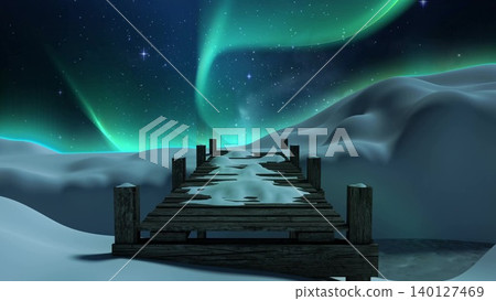 Flat design is showing broken wooden pier over snowdrifts under green aurora, travel theme Flat design is showing broken wooden pier over snowdrifts under green aurora, travel theme 140127469