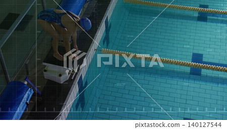 Swimmer is crouching on starting block in flat design sports featuring blue swim cap, lane dividers Swimmer is crouching on starting block in flat design sports featuring blue swim cap, lane dividers 140127544