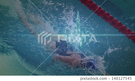 Swimmer is gliding underwater in flat design pool, with goggles and lane divider for sports Swimmer is gliding underwater in flat design pool, with goggles and lane divider for sports 140127545