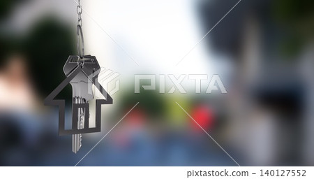 Metal keys with house keychain are hanging in flat design, showing city real estate concept Metal keys with house keychain are hanging in flat design, showing city real estate concept 140127552