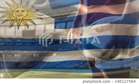 Male rugby player is holding ball in flat vector Uruguay flag stadium seating for sports marketing Male rugby player is holding ball in flat vector Uruguay flag stadium seating for sports marketing 140127564