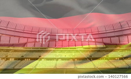 Football stadium is being shown in flat, with green pitch, seating, German flag overlay, business Football stadium is being shown in flat, with green pitch, seating, German flag overlay, business 140127566