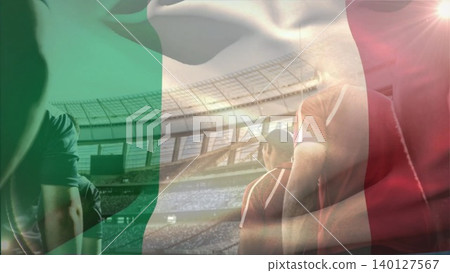 Three soccer players are standing in flat design stadium with red jerseys, floodlights, sports Three soccer players are standing in flat design stadium with red jerseys, floodlights, sports 140127567