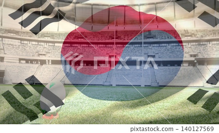 Cartoon soccer ball is standing on turf in flat design stadium with South Korea flag overlay Cartoon soccer ball is standing on turf in flat design stadium with South Korea flag overlay 140127569