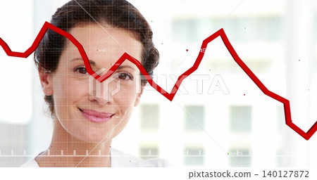 Facing mid adult woman wearing collared shirt showing red jagged line chart overlay, windows Facing mid adult woman wearing collared shirt showing red jagged line chart overlay, windows 140127872