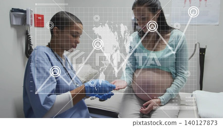 Gloved nurse preparing vial in exam room beside pregnant woman in teal cardigan with HUD overlay Gloved nurse preparing vial in exam room beside pregnant woman in teal cardigan with HUD overlay 140127873