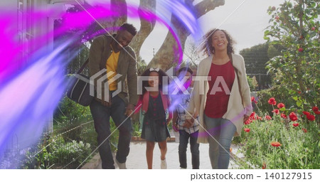 Walking family of four holding hands on garden path, carrying shoulder bag, backpack, light overlay Walking family of four holding hands on garden path, carrying shoulder bag, backpack, light overlay 140127915