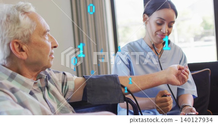 Checking nurse in scrubs using stethoscope and cuff on living room sofa, data overlay Checking nurse in scrubs using stethoscope and cuff on living room sofa, data overlay 140127934
