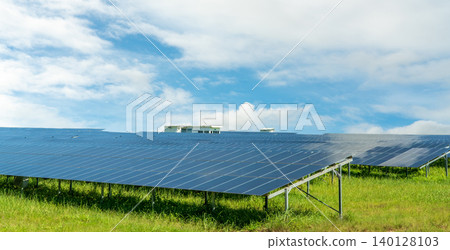 Solar farm and blue sky. Sustainable renewable energy and modern photovoltaic technology for eco-friendly electricity production. Solar power station. Green energy solutions. Solar panel technology. Solar farm and blue sky. Sustainable renewable energy and modern photovoltaic technology for eco-friendly electricity production. Solar power station. Green energy solutions. Solar panel technology. 140128103
