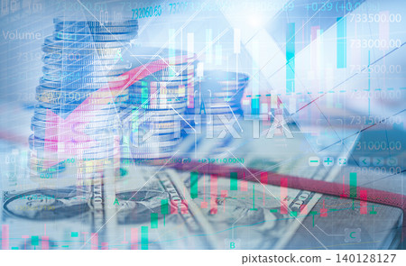 Stacked coins and dollar banknotes with rising stock market charts and data overlay. Modern investment strategy, financial growth analysis, digital trading environment, and long term wealth building. Stacked coins and dollar banknotes with rising stock market charts and data overlay. Modern investment strategy, financial growth analysis, digital trading environment, and long term wealth building. 140128127