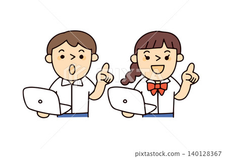 An illustration showing two students, a boy and a girl, in summer uniforms, holding a laptop and explaining something. An illustration showing two students, a boy and a girl, in summer uniforms, holding a laptop and explaining something. 140128367