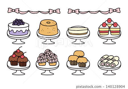 A set of hand-drawn illustrations of cute sweets such as chiffon cakes and muffins. A set of hand-drawn illustrations of cute sweets such as chiffon cakes and muffins. 140128904