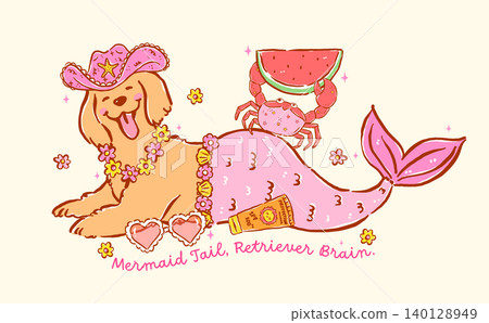 Happy golden retriever summer beach dog with mermaid tail, whimsical hand drawn doodle lines and cheerful cartoon character style Happy golden retriever summer beach dog with mermaid tail, whimsical hand drawn doodle lines and cheerful cartoon character style 140128949