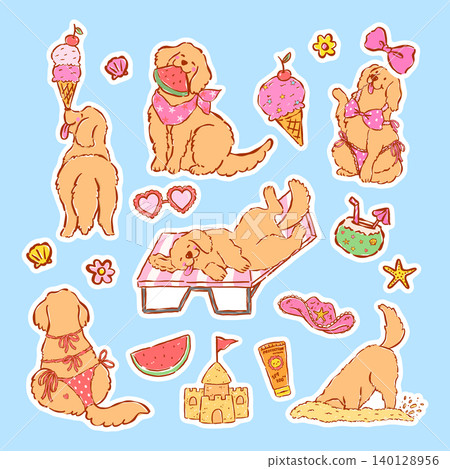 Happy golden retriever summer dog sticker sheet printable, whimsical hand drawn doodle lines and cheerful cartoon character style Happy golden retriever summer dog sticker sheet printable, whimsical hand drawn doodle lines and cheerful cartoon character style 140128956
