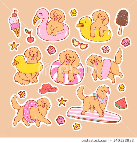 Happy golden retriever summer dog with float sticker sheet printable, whimsical hand drawn doodle lines and cheerful cartoon character style Happy golden retriever summer dog with float sticker sheet printable, whimsical hand drawn doodle lines and cheerful cartoon character style 140128958