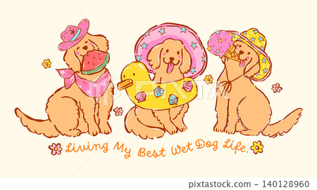 Playful golden retriever summer beach Dogs with happy derpy expression set 140128960