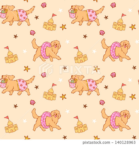Summer golden retriever seamless pattern beach day goofy playful whimsical doodle hand drawn Summer golden retriever seamless pattern beach day goofy playful whimsical doodle hand drawn 140128963