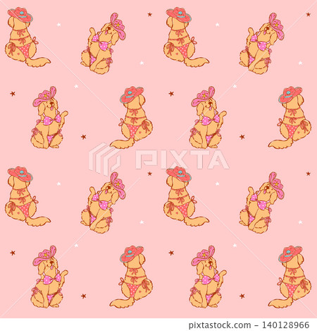 Summer golden retriever seamless pattern in bikini goofy playful whimsical doodle hand drawn background Summer golden retriever seamless pattern in bikini goofy playful whimsical doodle hand drawn background 140128966
