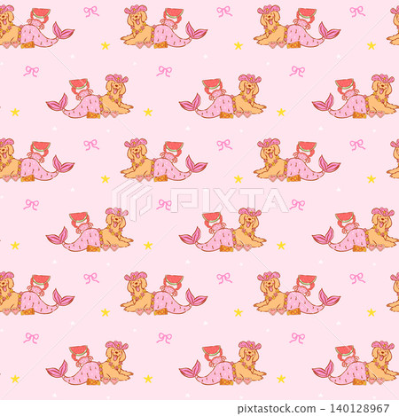Summer golden retriever seamless pattern mermaid tail goofy playful whimsical doodle hand drawn background 140128967