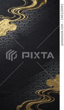 A Japanese-style background material featuring a golden fluid flowing across jet-black washi paper and a platinum-colored seigaiha (wave pattern). A Japanese-style background material featuring a golden fluid flowing across jet-black washi paper and a platinum-colored seigaiha (wave pattern). 140128991