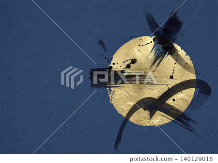 背景圖以一個巨大的金箔圓圈和強勁的水墨筆觸為特色,漂浮在靛藍色的日本紙上。 背景圖以一個巨大的金箔圓圈和強勁的水墨筆觸為特色,漂浮在靛藍色的日本紙上。 140129018