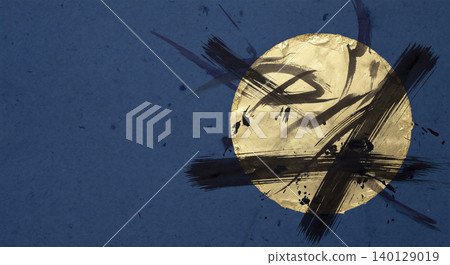 A background image featuring a large gold leaf circle and powerful ink brushstrokes floating on indigo Japanese paper. A background image featuring a large gold leaf circle and powerful ink brushstrokes floating on indigo Japanese paper. 140129019