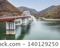 The red bridge fountain and autumn leaves 140129250