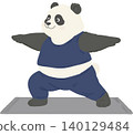 Cute panda practicing yoga on a mat in a wide legged standing pose. Adorable cartoon animal illustration promoting wellness, mindfulness, flexibility, balance, relaxation, and healthy living. 140129484