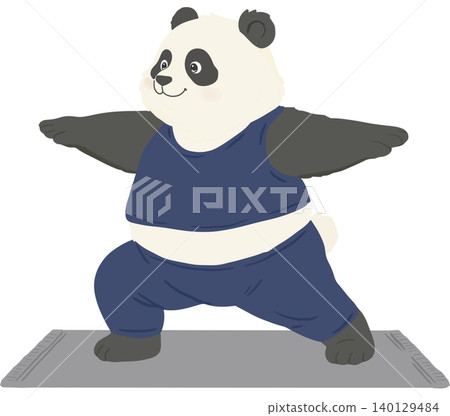 Cute panda practicing yoga on a mat in a wide legged standing pose. Adorable cartoon animal illustration promoting wellness, mindfulness, flexibility, balance, relaxation, and healthy living. Cute panda practicing yoga on a mat in a wide legged standing pose. Adorable cartoon animal illustration promoting wellness, mindfulness, flexibility, balance, relaxation, and healthy living. 140129484