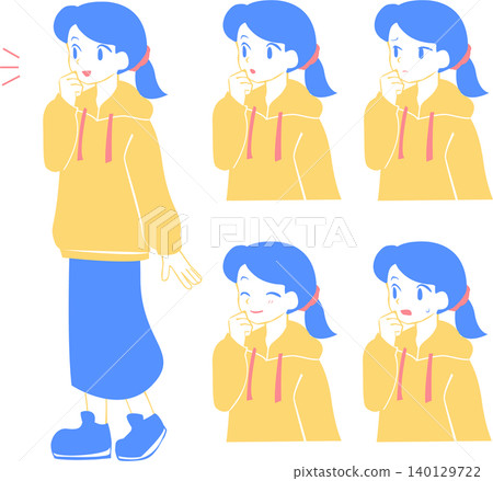 一群穿著藍色和黃色衣服的女孩，雙手托著下巴。 140129722