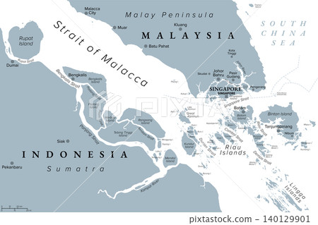 Singapore and southern Strait of Malacca, gray political map. Malacca Strait and Singapore Strait connecting Indian Ocean with South China Sea, a geostrategic choke point for global shipping. Vector Singapore and southern Strait of Malacca, gray political map. Malacca Strait and Singapore Strait connecting Indian Ocean with South China Sea, a geostrategic choke point for global shipping. Vector 140129901