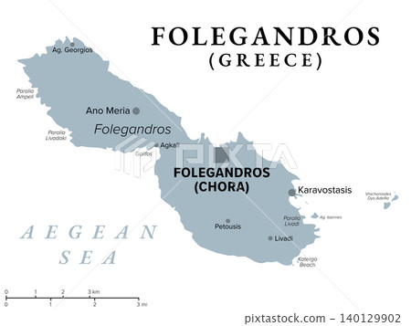 Folegandros, Greek island, gray political map. Small Greek island in the Aegean Sea, part of the southern Cyclades, with the small villages Chora, Karavostasis, and Ano Meria. Illustration. Vector Folegandros, Greek island, gray political map. Small Greek island in the Aegean Sea, part of the southern Cyclades, with the small villages Chora, Karavostasis, and Ano Meria. Illustration. Vector 140129902
