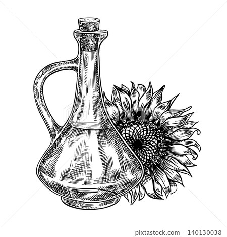 Sunflower oil. Black and white hand-drawn vector illustration. Glass bottle of oil and sunflower flower. Design element for labels and packaging, banners, posters, and more. Sunflower oil. Black and white hand-drawn vector illustration. Glass bottle of oil and sunflower flower. Design element for labels and packaging, banners, posters, and more. 140130038