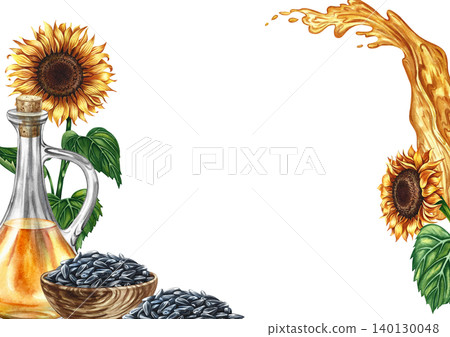 Frame with sunflower oil. Hand-drawn watercolor illustration. Glass bottle of oil, sunflower flower, and a handful of seeds in a wooden bowl. For label and packaging design, banners, posters and more. Frame with sunflower oil. Hand-drawn watercolor illustration. Glass bottle of oil, sunflower flower, and a handful of seeds in a wooden bowl. For label and packaging design, banners, posters and more. 140130048