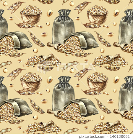 Seamless pattern with soybeans, pods, wooden utensils, and burlap bean bags. Hand-drawn watercolor illustration. On brown background. For textiles, labels and prints, decor, packaging and more Seamless pattern with soybeans, pods, wooden utensils, and burlap bean bags. Hand-drawn watercolor illustration. On brown background. For textiles, labels and prints, decor, packaging and more 140130061