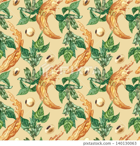 Seamless pattern using soy. Hand-drawn watercolor illustration. Soybeans and soy stalks with leaves and pods, as well as oil splashes. On a light brown background. For textiles, labels print and more Seamless pattern using soy. Hand-drawn watercolor illustration. Soybeans and soy stalks with leaves and pods, as well as oil splashes. On a light brown background. For textiles, labels print and more 140130063