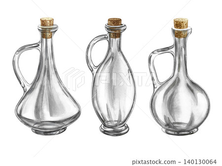 A set of transparent bottles with a beautiful shape, sealed with a cork. Hand-drawn watercolor illustration. Glass bottles. Design element for menus, recipes, and cookbooks, packaging, labels and more 140130064