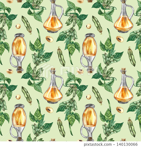 Seamless pattern with soy. Hand-drawn watercolor illustration. Soybeans and soy stalks with leaves and pods and bottles of oil. On a green background. For textiles, labels and prints, decor, and more. Seamless pattern with soy. Hand-drawn watercolor illustration. Soybeans and soy stalks with leaves and pods and bottles of oil. On a green background. For textiles, labels and prints, decor, and more. 140130066