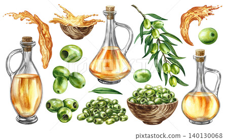 Set with green olives. Hand-drawn watercolor illustrations. An olive branch, a handful of olives, and oil. For labels, prints, and decor, as well as for packaging, banners, posters, and more. Set with green olives. Hand-drawn watercolor illustrations. An olive branch, a handful of olives, and oil. For labels, prints, and decor, as well as for packaging, banners, posters, and more. 140130068