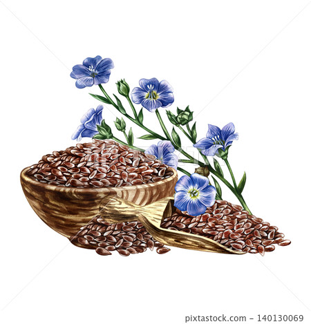 Flaxseed in a wooden bowl and scoop, blue flax flower. Hand-drawn watercolor illustration. Element of label and packaging design, as well as banners, posters, and more. Flaxseed in a wooden bowl and scoop, blue flax flower. Hand-drawn watercolor illustration. Element of label and packaging design, as well as banners, posters, and more. 140130069