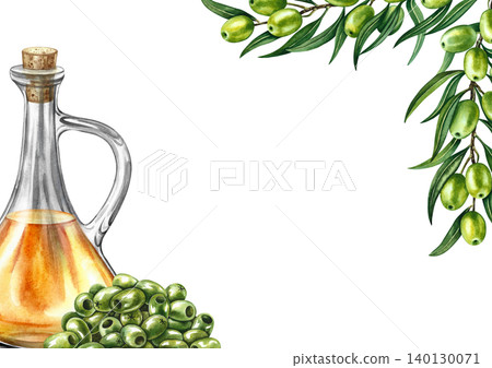 Olive oil frame. Hand-drawn watercolor illustration. Glass bottle of oil, a handful of olives, and olive branches. For menus, recipes, and cookbooks. For postcards, packaging, labels, and more. Olive oil frame. Hand-drawn watercolor illustration. Glass bottle of oil, a handful of olives, and olive branches. For menus, recipes, and cookbooks. For postcards, packaging, labels, and more. 140130071