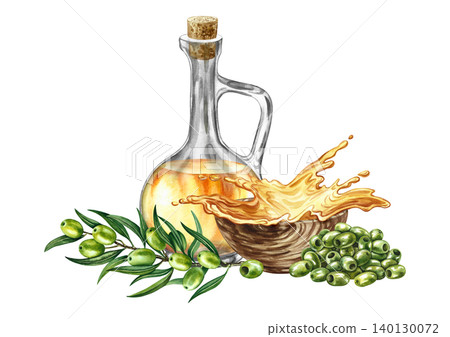 Olive oil. Hand-drawn watercolor illustration. Glass bottle of oil, splash of oil, and olive branch. Design element for menus, recipes, and cookbooks. For banners, flyers, packaging, labels, and more. Olive oil. Hand-drawn watercolor illustration. Glass bottle of oil, splash of oil, and olive branch. Design element for menus, recipes, and cookbooks. For banners, flyers, packaging, labels, and more. 140130072