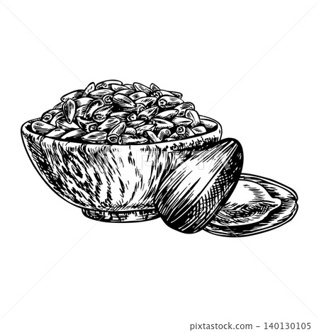 Sunflower seeds in a wooden cup. Hand-drawn black and white vector illustration. Element of label and packaging design, as well as banners, posters, and more. 140130105