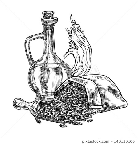 Sunflower oil in a bottle, sunflower seeds in a burlap bag. Black and white vector, hand-drawn graphic illustration. Element of label and packaging design, as well as banners, posters, and more. 140130106