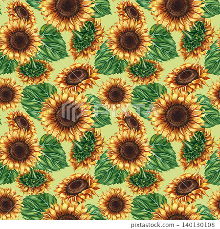 Seamless pattern with sunflowers and sunflower leaves. Hand-drawn watercolor illustration. On a green background. Perfect for textiles, decor, packaging and labels, prints, wallpapers, and more 140130108