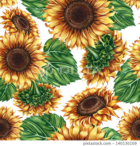 Seamless pattern with sunflowers and sunflower leaves. Hand-drawn watercolor illustration. Beautiful floral pattern. Perfect for textiles, decor, packaging and labels, prints, wallpapers, and more Seamless pattern with sunflowers and sunflower leaves. Hand-drawn watercolor illustration. Beautiful floral pattern. Perfect for textiles, decor, packaging and labels, prints, wallpapers, and more 140130109