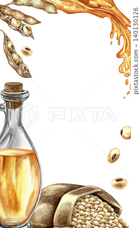 Frame with a picture of soybean oil.. Bottle of oil, splash of oil, and soybeans in a jute bag. Hand-drawn watercolor illustration. For labels, packaging, and more. Frame with a picture of soybean oil.. Bottle of oil, splash of oil, and soybeans in a jute bag. Hand-drawn watercolor illustration. For labels, packaging, and more. 140130126