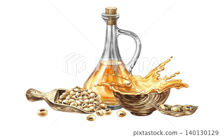 Soybean oil. Glass bottle, soybeans in a scoop, and a splash of oil in a cup. Hand-drawn watercolor illustration. For menus, recipes, and cookbooks. For banners, packaging, labels, and more. 140130129